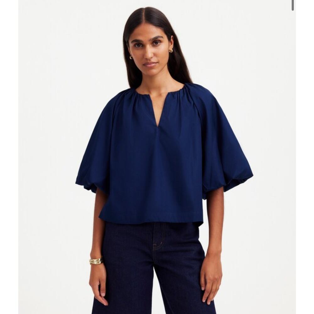 Madewell Bubble-Sleeve Top in Poplin Cobalt Blue Sz 6 NS339 Casual Business Work